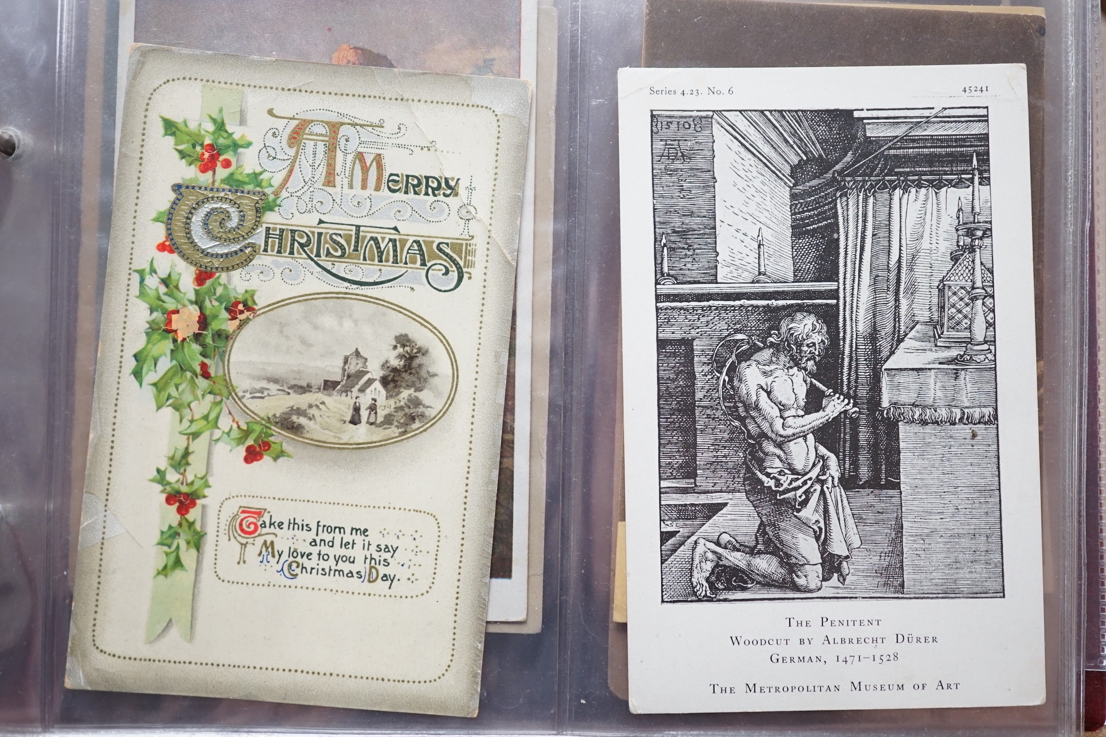A box of postcards and cigarette cards in two albums and loose topographical including Isle of Wight